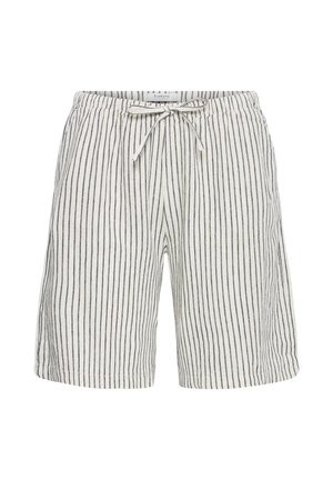 Weiße Shorts mit Kordelzug, dünnen vertikalen schwarzen Streifen und elastischem Bund, knielang, im lässigen Stil.