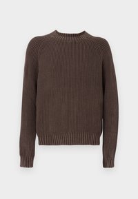 Καφέ ριμπ πλεκτή μπλούζα με μακριά μανίκια, σκουρόχρωμο γύρο λαιμό και εφαρμοστό λάστιχο στη μέση. Κατασκευασμένη από υφή υφασμάτινης πλέξης.