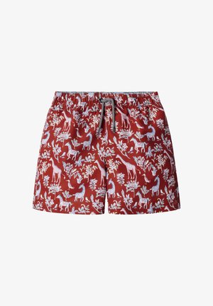 Crvene kupaće hlače s elastičnim pojasom, s vezicom, ukrašene plavim žirafama i cvjetnim uzorkom na glatkoj, laganoj tkanini.