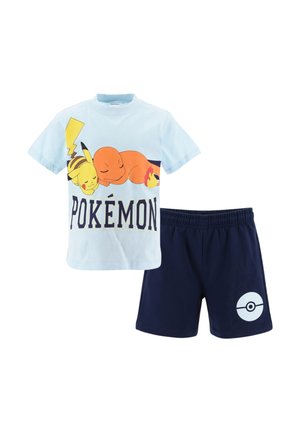 Light blue T-shirt with sleeping Pikachu and Charmander and "POKÉMON" text, paired with navy shorts featuring a white Poké Ball logo.