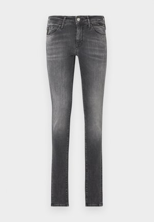 Ciemnoszare dżinsy slim fit z wyblakłym wykończeniem, wykonane z denimu, z pięcioma kieszeniami i klasycznym zamkiem błyskawicznym z metalowym zapięciem.