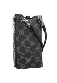 Black crossbody bag with a textured finish, silver zipper, and a geometric pattern. Features an adjustable strap and metallic hardware.