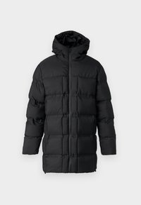 Schwarze Pufferjacke mit Kapuze, Reißverschluss, gestepptem Design mit rechteckigen Paneelen und glatter Textur.