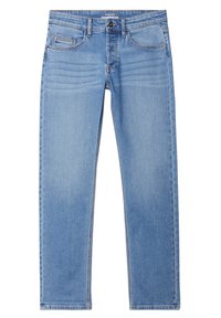 Jeans de mezclilla de color azul claro con un diseño de pierna recta, que cuentan con cinco bolsillos, detalles sutiles de desgaste y costuras en contraste.