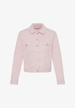 Svetlo roza denim jakna z dolgimi rokavi, srebrnimi gumbi spredaj in žepi na prsih s poklopcem na gumb, prikazana na belem ozadju.