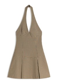 Brązowa i czarna halterka w kratę z głębokim dekoltem w kształcie V, dopasowaną górą i rozkloszowaną spódnicą. Wykonana z gładkiego tkanego materiału.