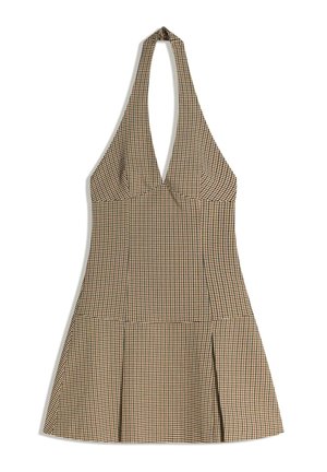 Barna és fekete kockás nyakpántos ruha mély V-kivágással, testhez simuló bodiccial és körgalléros szoknyával. Simára szőtt anyagból készült.