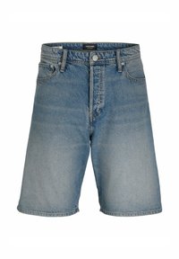 Shorts in denim azzurro chiaro, con un classico design a cinque tasche, chiusura con bottone e una vestibilità dritta con orlo appena sopra il ginocchio.