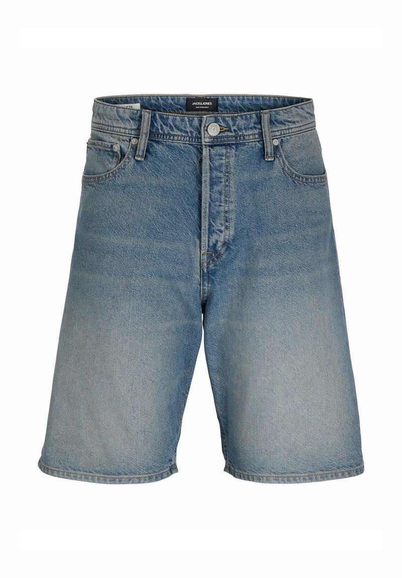 Shorts in denim azzurro chiaro, con un classico design a cinque tasche, chiusura con bottone e una vestibilità dritta con orlo appena sopra il ginocchio.