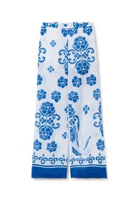Pantalons à motifs bleus et blancs avec des designs floraux, de forme droite, en tissu léger, et avec un ourlet bleu uni en bas.