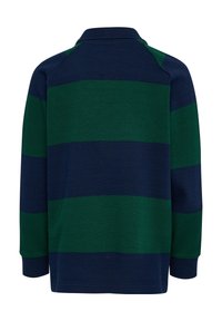 Rugbyshirt met lange mouwen met brede horizontale strepen in marineblauw en donkergroen, geribbelde manchetten en een kraag, gezien van achteren.