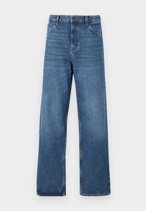 Blå højttaljede denimjeans med vide ben, der har en glat tekstur, minimale syningsdetaljer og en klassisk fem-lomme-stil.