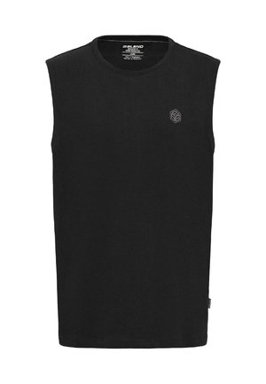 Svart ärmlös t-shirt i bomull, med rund hals och en liten logodetalj på bröstet. Platt avslutning, enkel design.