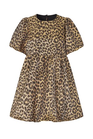 Robe courte à manches bouffantes avec taille froncée, présentant un motif léopard marron et beige.