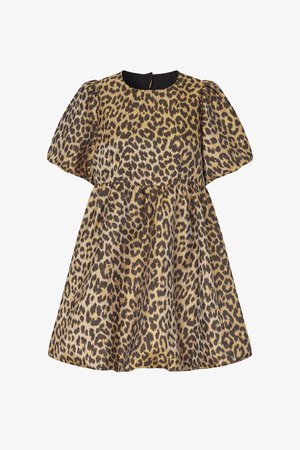 Κοντό φόρεμα με φουσκωτά μανίκια και σούρα στη μέση, με καφέ και ταμπά σχέδιο λεοπάρ.