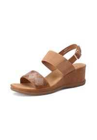 Sandali beige a zeppa con ampia fascia in tessuto, motivo decorativo in strass sulla parte anteriore, soletta imbottita e fibbia regolabile alla caviglia.