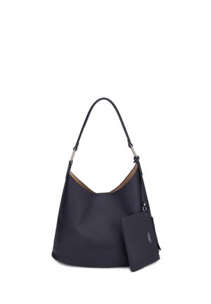 Sac à bandoulière en cuir noir avec une pochette amovible assortie, poignée supérieure arrondie et design minimaliste sur fond blanc.