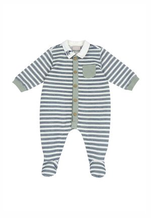 Pasiasty strój dziecięcy w granatowo-białe paski z zielonym kołnierzykiem, zapięciem na guziki i kieszonką na piersi. Miękka tkanina, z designem z zakrytymi stopami.