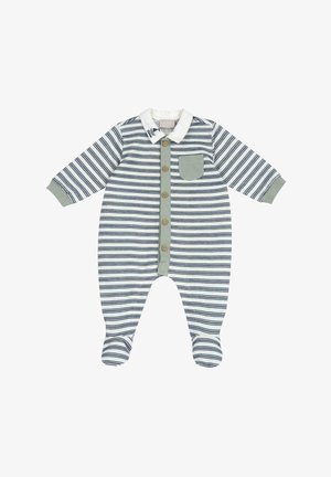 Ensemble pour bébé rayé en bleu marine et blanc avec un col vert, fermeture à boutons et une poche poitrine. Tissu doux avec un design à pieds.