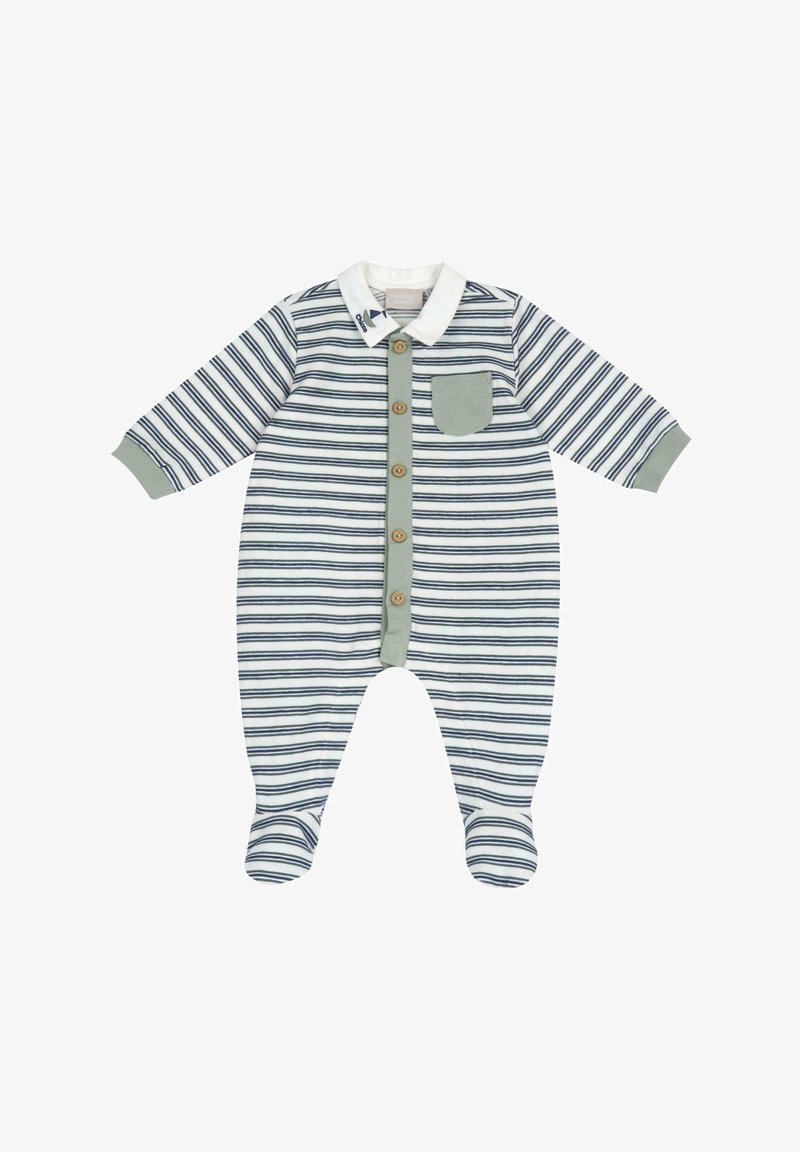 Ensemble pour bébé rayé en bleu marine et blanc avec un col vert, fermeture à boutons et une poche poitrine. Tissu doux avec un design à pieds.
