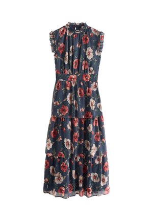 Robe midi bleu marine sans manches avec jupe à volants, col volanté et imprimé floral rouge et blanc.