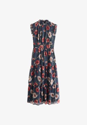 Robe midi bleu marine sans manches avec jupe à volants, col volanté et imprimé floral rouge et blanc.