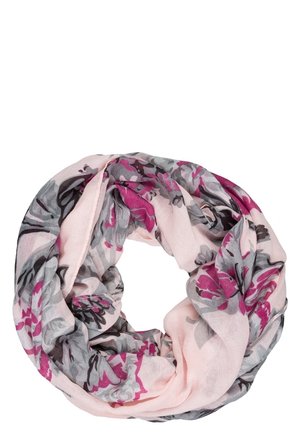 Écharpe infinie rose clair avec des motifs floraux gris et rose foncé, disposée en boucle circulaire sur un fond blanc.