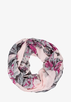 Écharpe infinie rose clair avec des motifs floraux gris et rose foncé, disposée en boucle circulaire sur un fond blanc.