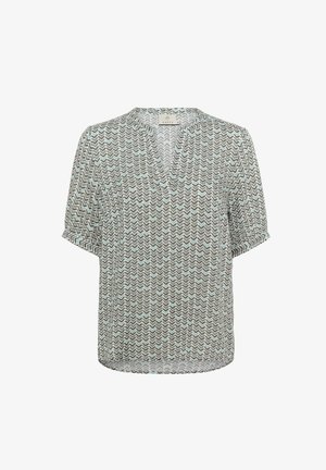 Blouse à manches courtes en tissu léger et transparent, présentant un motif en zigzag vert et gris, avec un décolleté en V et des poignets roulés.