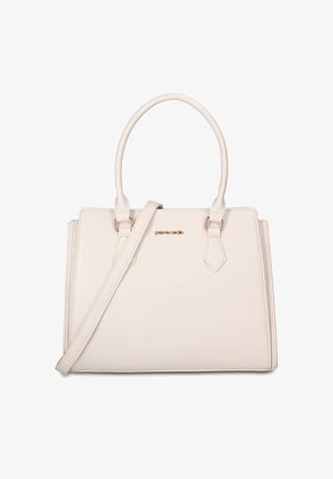 Sac à main structuré couleur crème avec doubles poignées supérieures, une bandoulière réglable et un logo de marque doré sur le devant.