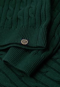 Dark green cable-knit sweater featuring textured patterns and a ribbed hem. Includes a round navy label with a gold emblem.