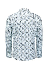 Long-sleeve button-up shirt with blue, white, and gray geometric diamond pattern, shown from the back.