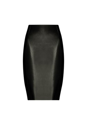 Sort høj talje blyantskørt i imiteret læder med tætsiddende silhuet og knælængde.