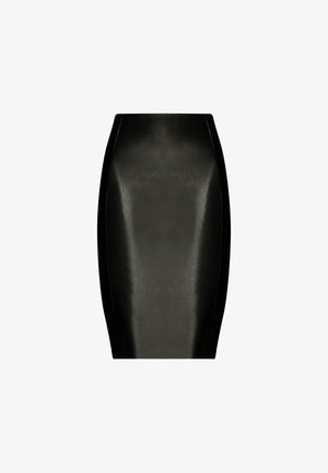 Schwarzer Bleistiftrock aus Kunstleder mit hoher Taille, figurbetonter Silhouette und knielangem Saum.