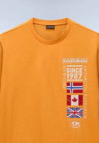 Camiseta de algodón naranja con cuello redondo. Presenta texto impreso en blanco y las banderas de Noruega, Canadá y el Reino Unido. Textura suave, diseño casual.