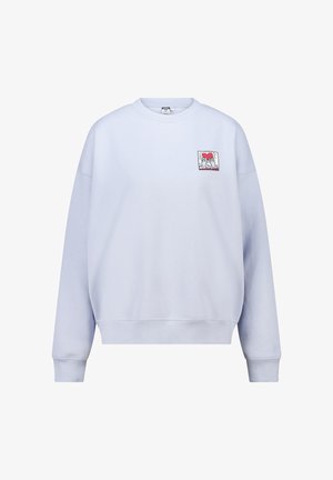 Lichtblauwe sweatshirt van zachte stof, voorzien van een kleine multicolore grafische patch op de linkerkant van de borst en ribgebreide manchetten.