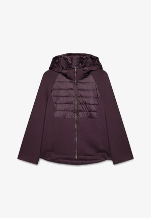 Lila Kapuzenpullover mit gepolstertem Vorderteil, Reißverschluss und Kapuze. Hat lange Ärmel und eine glatte Textur. Akzente sind seitliche Taschen.