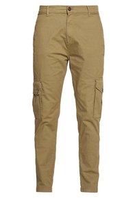 Khaki cargobroek met een slim fit, gemaakt van katoen. Voorzien van zijzakken en een knoopsluiting. Soepele textuur met een licht matte afwerking.