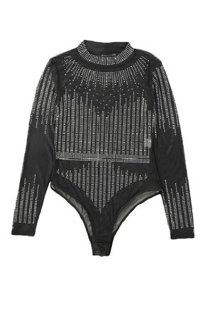 Black bodysuit featuring long sleeves, high neck, and a sheer material adorned with rhinestones in vertical lines and a geometric pattern.