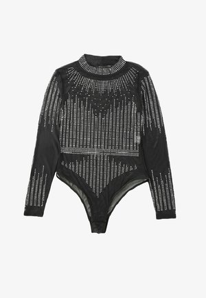 Black bodysuit featuring long sleeves, high neck, and a sheer material adorned with rhinestones in vertical lines and a geometric pattern.