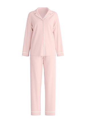 Zachtroze pyjamablouse met lange mouwen en knopen, met witte biezen, gecombineerd met bijpassende rechte pyjamabroek met witte rand bij de boorden.