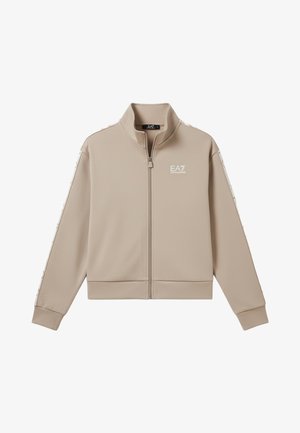 Chaqueta beige con cremallera completa, cuello alzado, logo EA7 en el pecho y rayas blancas con patrón a lo largo de las mangas.