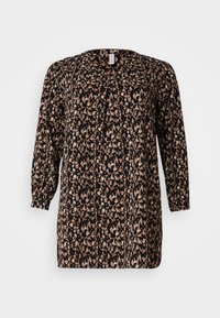 Μαύρη μπλούζα με μακριά μανίκια που διαθέτει πολύχρωμο αφηρημένο σχέδιο με καφέ και κρεμ λεπτομέρειες, στρογγυλή λαιμόκοψη και άνετη εφαρμογή.