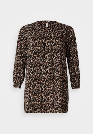 Schwarze Bluse mit langen Ärmeln, die ein mehrfarbiges abstraktes Muster mit braunen und cremefarbenen Akzenten zeigt, mit einem runden Ausschnitt und lockerer Passform.