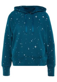 Sweat à capuche teal en tissu doux avec une poche kangourou à l'avant. Présente un motif d'étoiles en argent sur toute la surface et une capuche avec cordon de serrage.