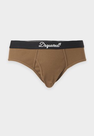 Slip homme marron côtelé avec une ceinture noire comportant un texte de logo blanc "Dsquared²" centré sur le devant.