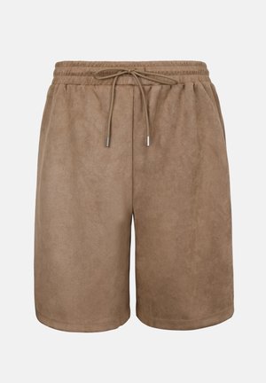 Barna, velúr hatású rövidnadrág elasztikus derékrésszel és elől húzózsinórral, térdig érő és bő szabású.