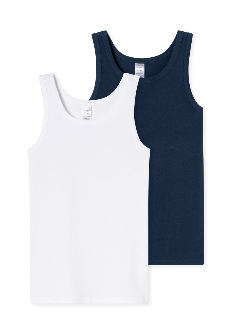 Two tank tops: one white and one navy. Both made of cotton, featuring a classic sleeveless design and round necklines.