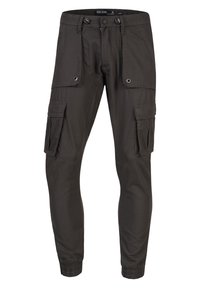 Dunkelgraue Cargo-Hosen mit elastischen Bündchen, Knopf- und Kordelzugbund, frontalen Klapptaschen mit Metallösen und seitlichen Cargo-Taschen.