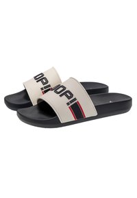 Infradito beige chiaro con base nera, caratterizzati da accenti a strisce nere e rosse e lettering in rilievo sulle cinghie. Materiale plastico liscio.